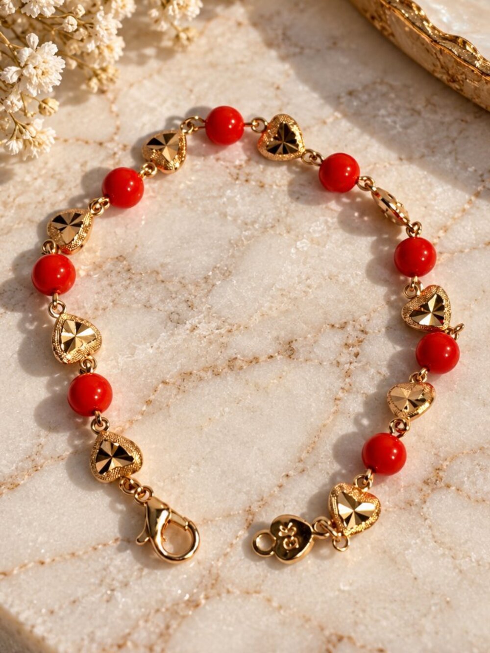 Gold-Tone Heart & Red Bead Charm Bracelet